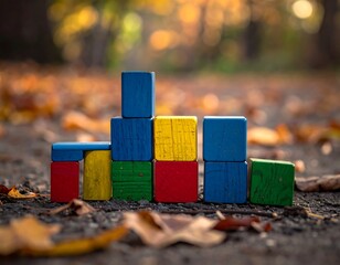 Colorful wooden blocks arranged on a path covered in autumn leaves