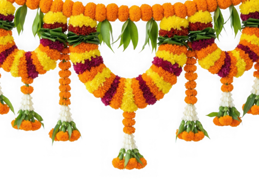 Vibrant marigold and leaf garlands for festive decorations and celebrations isolated on transparent background - Powered by Adobe