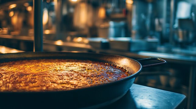 Close up of a large paella pan filled with golden rice in a commercial kitchen setting indoors - Powered by Adobe