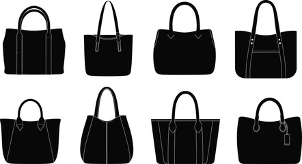 Women tote bag silhouette bundle, stylish handbags and shoppers, fashion leather purse collection, vector illustration