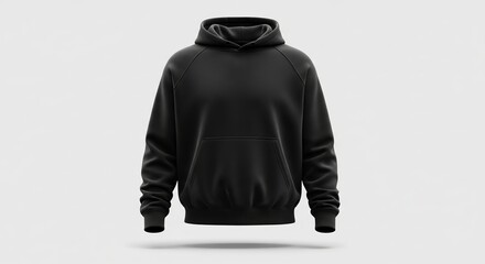 A black hoodie with a front pocket isolated on white background in studio shot