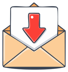 Hand drawn envelope with red download arrow icon illustration