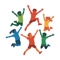 Colorful Silhouettes of Happy Children Jumping