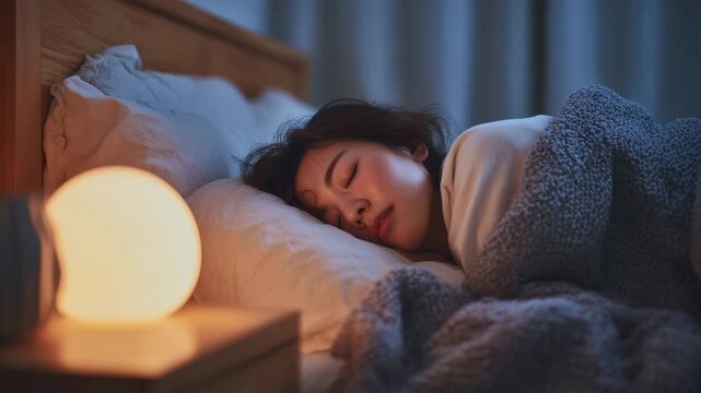 女性が夜の寝室で安らかに眠る光景