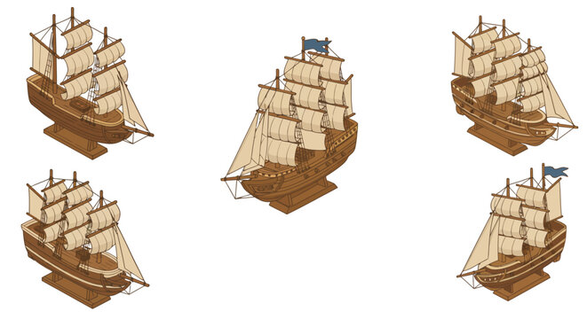Classic sailing ship models in isometric view with detailed sails and wooden&hellip;