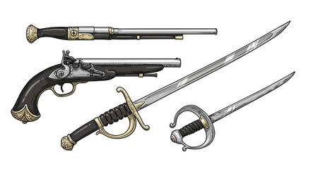 Vintage weapon collection: pistols and swords with ornate details