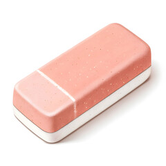A simple eraser isolated on white background, used for removing pencil marks on paper, essential for school