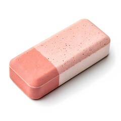 A simple eraser isolated on white background, used for removing pencil marks on paper, essential for school