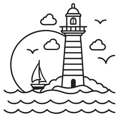 Black and White Lighthouse with Sailboat and Clouds Vector Illustration