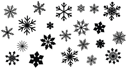 A variety of detailed black and white snowflake illustrations scattered randomly