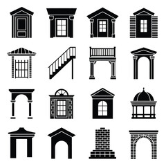 Fototapeta premium Building Structure Vector Icons Minimalist Architecture Silhouette Set Featuring Door, Window, Stairs, Balcony, Roof, Brick, Dome, and Fence for Interior, Exterior, Realty & Construction Projects