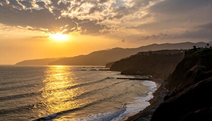 Golden sunset over a coastal landscape