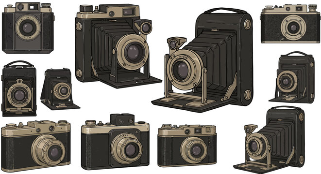 Vintage camera collection in retro style featuring classic film cameras