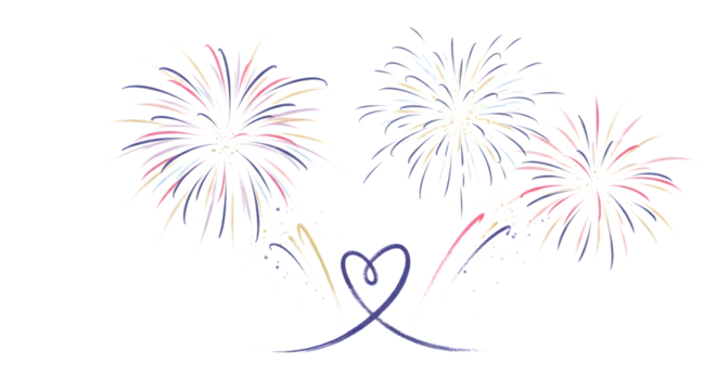 Fireworks and heart line drawing isolated on transparent background simple vector illustration of a celebration, perfect for festive themes