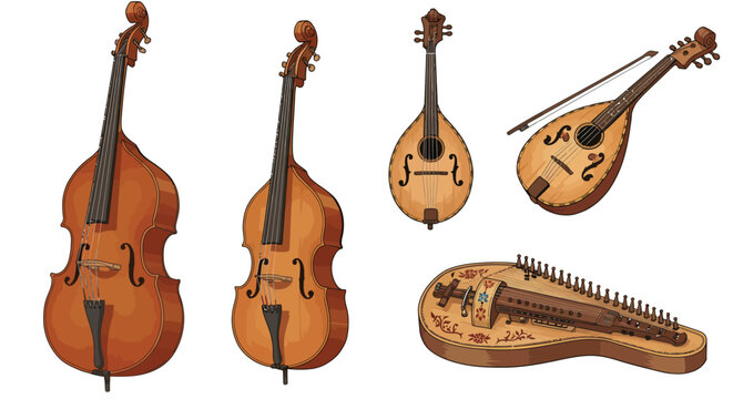 Collection of traditional string instruments in detailed cartoon style