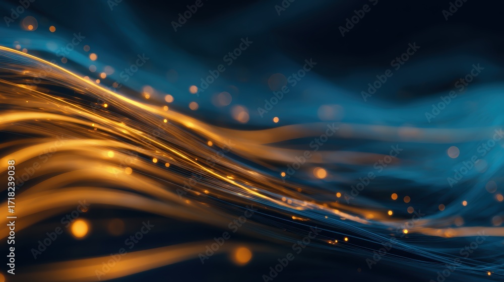 Poster abstract flowing waves of blue and orange light creating a dynamic background with glowing particles