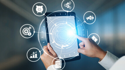 Modern budgeting and financial management icons showing finance, savings, tax, and planning. Budget supports business strategy, budget helps growth, and budgeting ensures financial control. Gist
