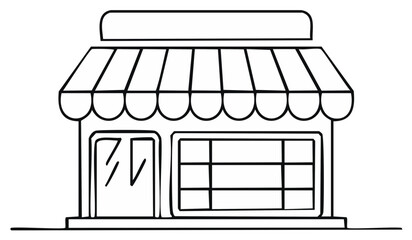 Black and white line drawing of a storefront with a striped awning and display window