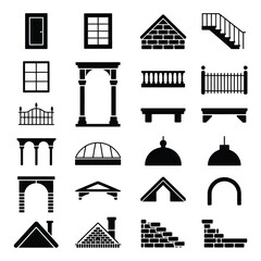 Naklejka premium Minimalist Architecture Silhouette Vector Set Door, Window, Arch, Stairs, Balcony, Roof, Brick Wall, Dome & Fence Icons for Construction, Building Design, Interior and Exterior Projects
