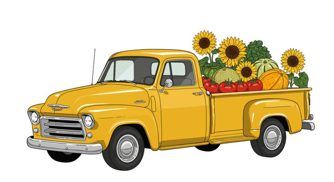 Vintage yellow truck with fresh produce and sunflowers in retro cartoon style