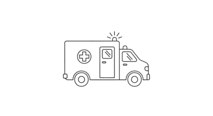 A crisp line drawing of an ambulance, isolated on transparent background, conveying emergency medical services with its simple, recognizable design