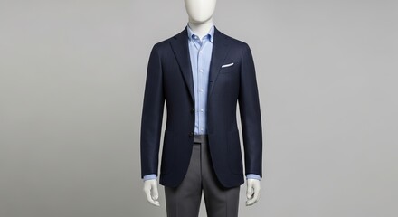 Mannequin displays a stylish navy blazer, light blue shirt, and gray trousers