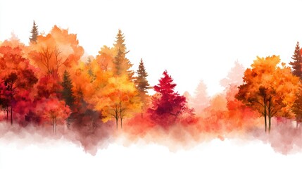 Vibrant autumn forest landscape with colorful foliage and misty background, perfect for seasonal themes