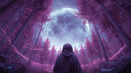 A hooded figure stands before a mystical portal in a surreal purple forest, evoking a sense of wonder and adventure