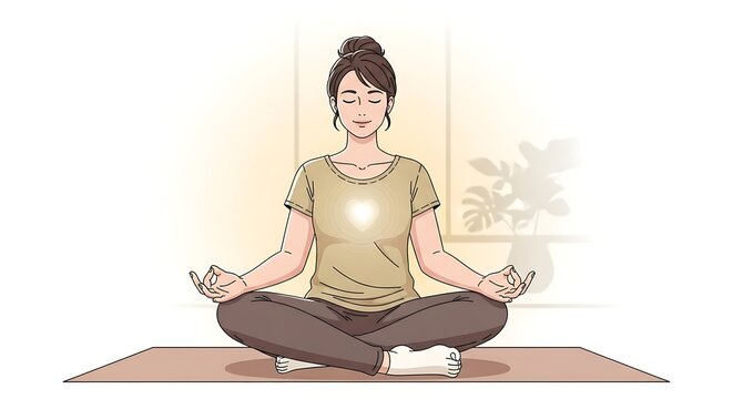 Woman Meditating in Lotus Position with Glowing Heart Chakra.