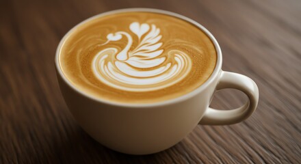 Elegant Swan Latte Art Coffee Break Time Warm Drink on Brown Table