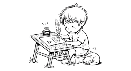 A young boy writing with a quill on a desk isolated on transparent background, accompanied by his cat, capturing a nostalgic and creative moment