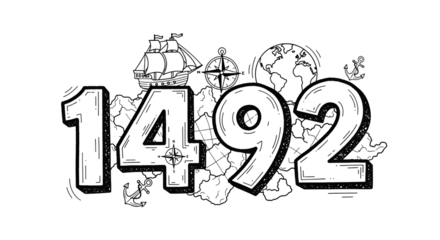 Illustration of 1492 with ship, compass, and earth isolated on transparent background, representing christopher columbuss voyage to america in history