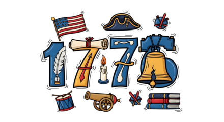 Illustration of 1776 with american flag and other symbols isolated on transparent background, representing the year of american independence