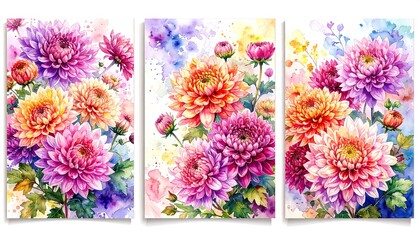 Watercolor floral art set of chrysanthemum bouquets