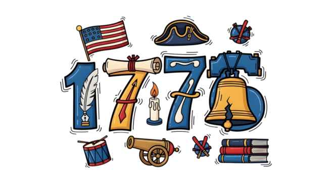 Illustration of 1776 with american flag and other symbols isolated on transparent background, representing the year of american independence