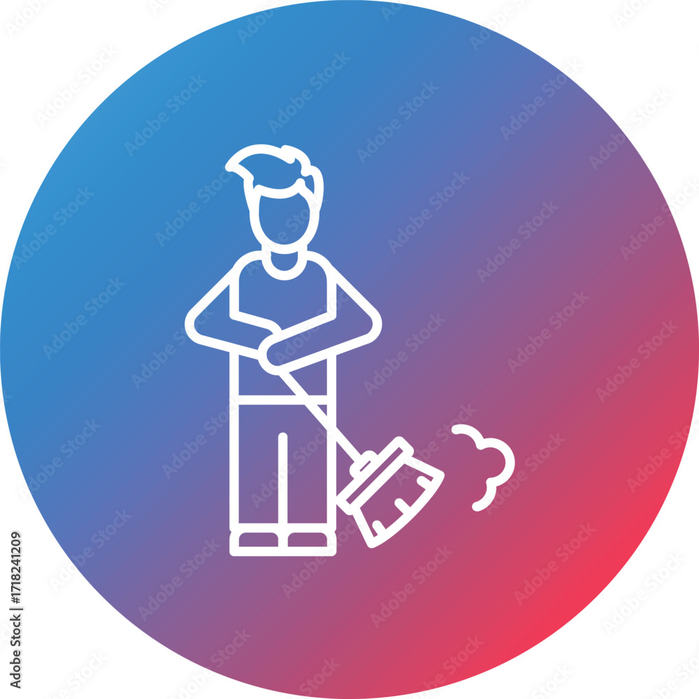 Poster man sweeping floor line gradient circle background icon