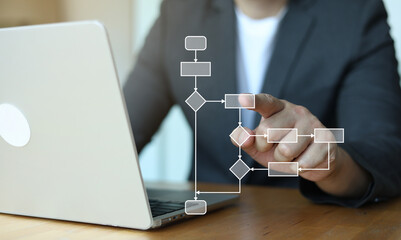 close up entrepreneur businessman hand check about progress or procedure of strategy and resolve with virtual flowchart diagram for business plan and performance concept