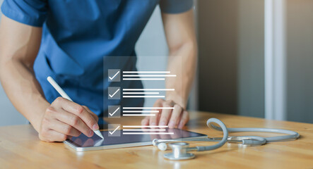 close up young general practitioner hand use stylus pen to check box on medical checklist or opd record to read and diagnose and assess about patient's symptom for healthy and lifestyle concept