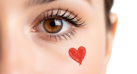 Closeup of a womans eye with a red heart drawn on her cheek, isolated on transparent background concept of love, beauty, and selfcare for valentines day