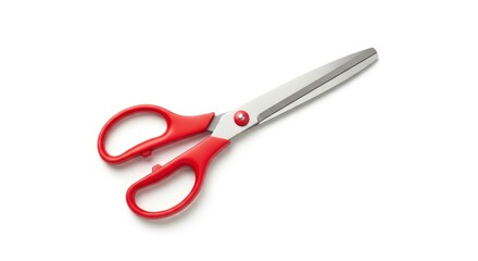 Obraz premium A pair of red-handled scissors with silver metallic blades positioned diagonally on a plain white background The blades are slightly open revealing the connecting rivet
