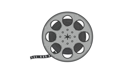 Vintage film reel with tape in hand-drawn style isolated on white background