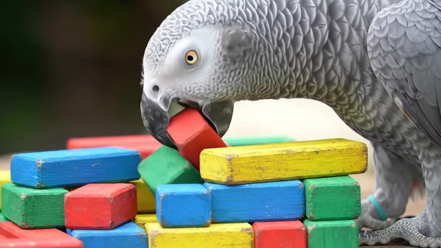 One grey Parrot looking at colorful wooden blocks, playful bird with toys.