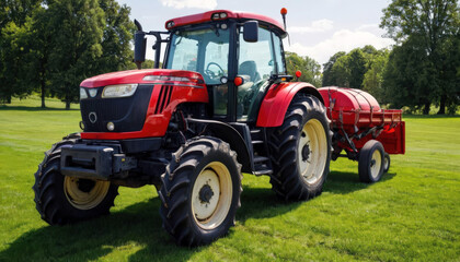 Obraz premium Red Farm Tractor With Trailer in Open Green Field Under Sunny Sky, Ideal for Agriculture and Rural Life.
