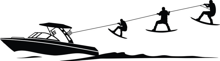 A sleek boat pulling three wakeboarders across the water in silhouette