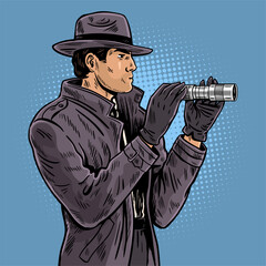 Retro detective with monocular spyglass illustration