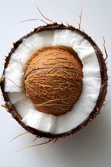 A coconut is shown close up without outer shell covering.