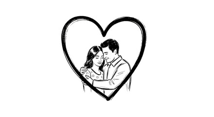 Romantic couple embracing in heart frame line art isolated on transparent background, a tender illustration for love, relationships, and valentines day