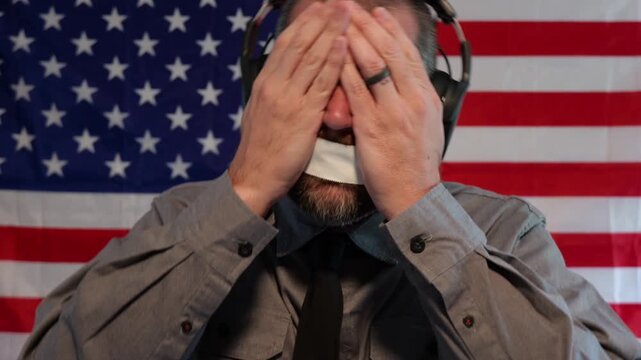 American Censorship Concept - Male Journalist or Politician - See no evil, Speak no evil, Hear no evil idea - Distracted Citizens