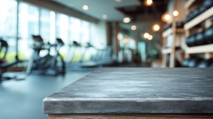 Concrete tabletop surface with blurred modern gym interior background