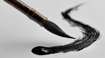 Traditional Asian calligraphy brush painting a sweeping black ink stroke on white paper.
